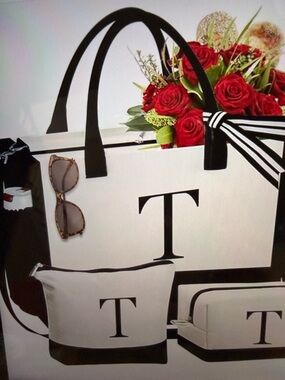 YOOLIFE Initial “T” Black and White Canvas Tote Bag with Two Makeup Bags